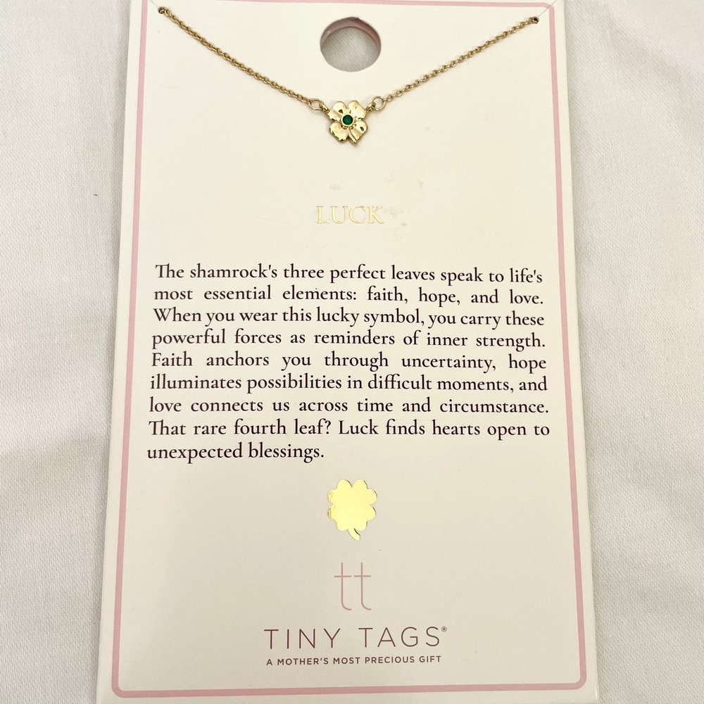 Tiny Tags Luck Shamrock Necklace Gold Tone Green Crystal Four Leaf Clover NIB‎